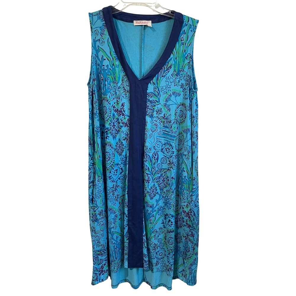 Fresh Produce Womens Dress Medium Blue Green Tropical Floral‎ V-Neck Sleeveless